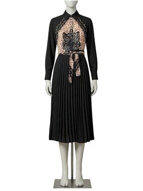 N by Nancy Black & Beige Floral Print Mixed Media Pleated Midi Dress Womens 2XL